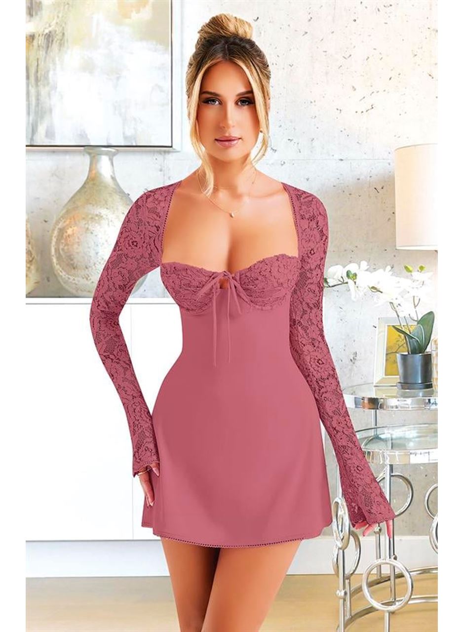 Özel Tasarım Dantel İşlemeli Şık Uzun Bolerolu Fuşya Fantezi Mini Club Elbisesi