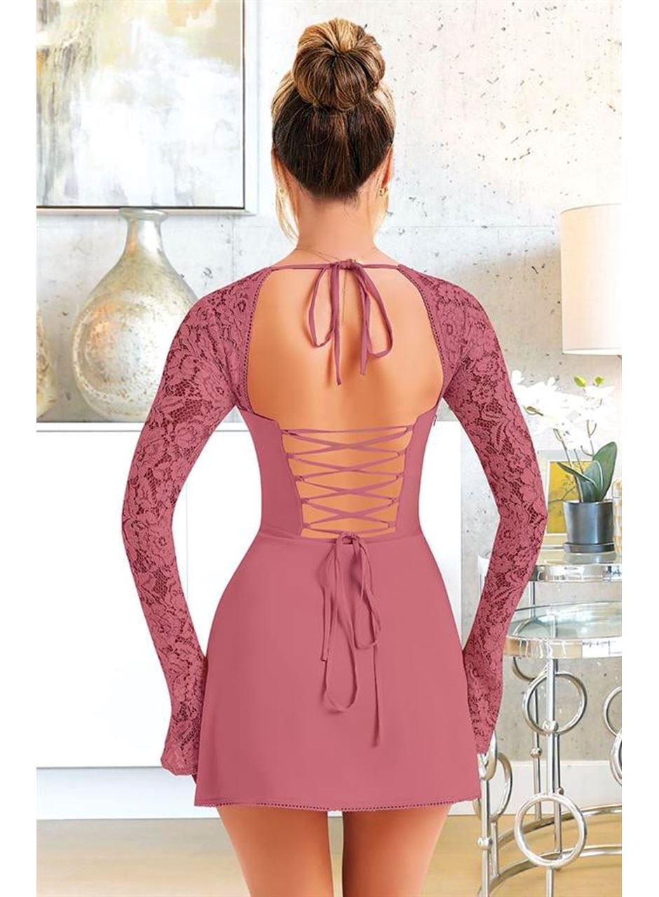 Özel Tasarım Dantel İşlemeli Şık Uzun Bolerolu Fuşya Fantezi Mini Club Elbisesi