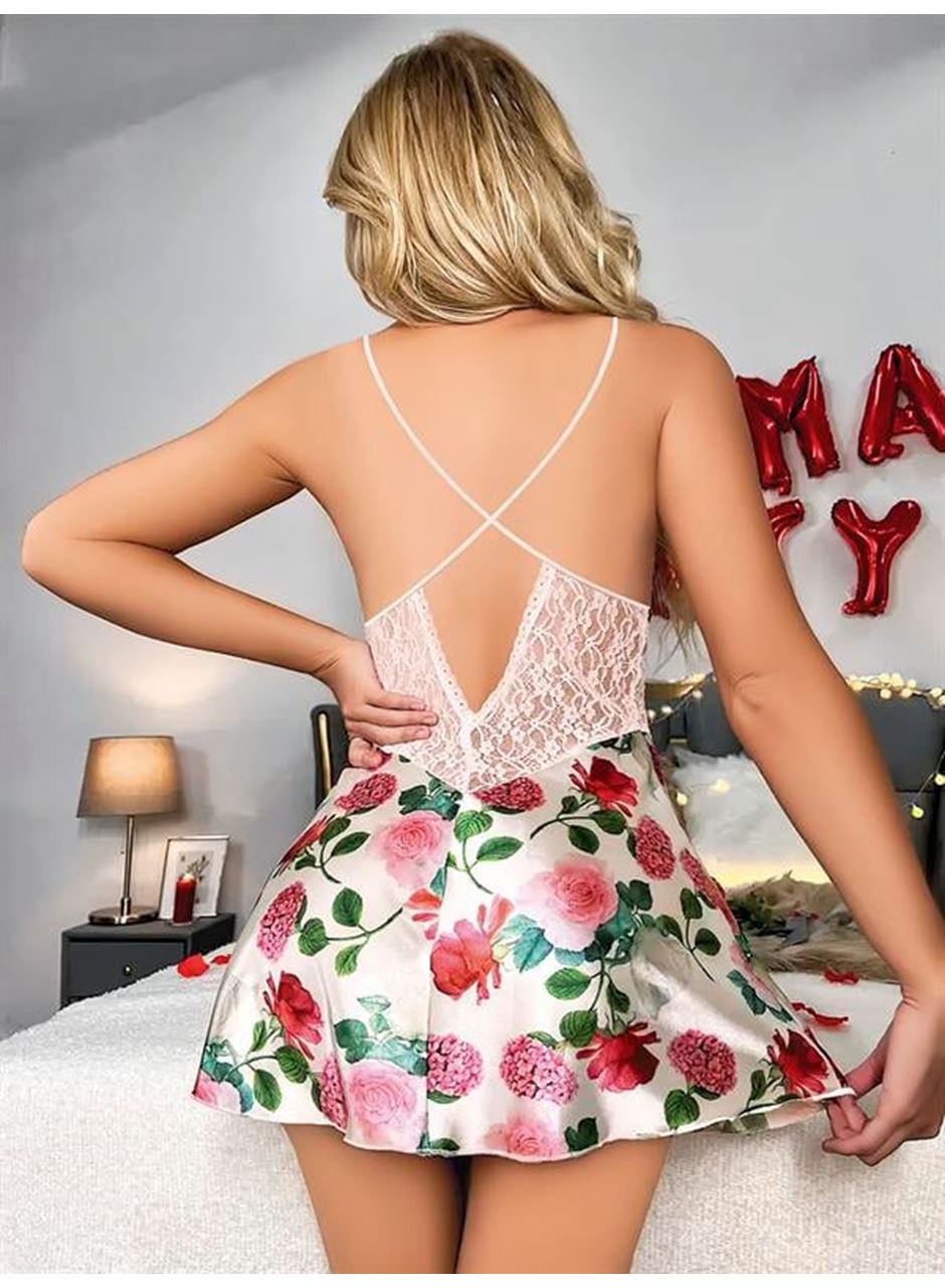 Özel Tasarım Gül Desenli İnce Askılı Dantel İşlemeli Mini Saten Gecelik