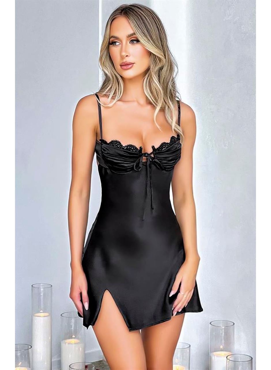 Özel Tasarım Yırtmaçlı İnce Askılı Dantel İşlemeli Siyah Mini Saten Gecelik