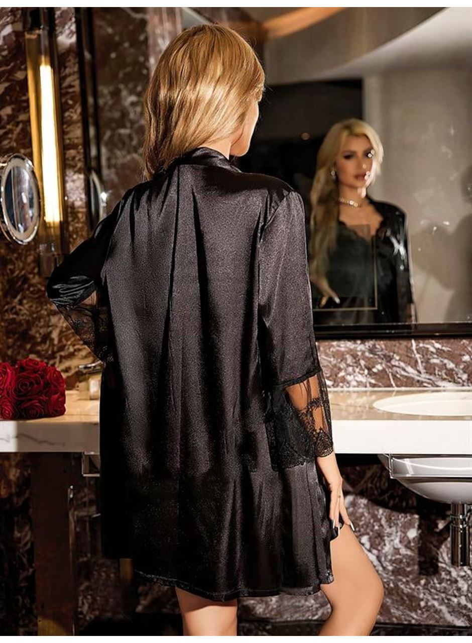 Özel Tasarım Dantel İşlemeli Şık Göğüs Dekolteli Sabahlıklı 2'li Siyah Saten Gecelik Takımı