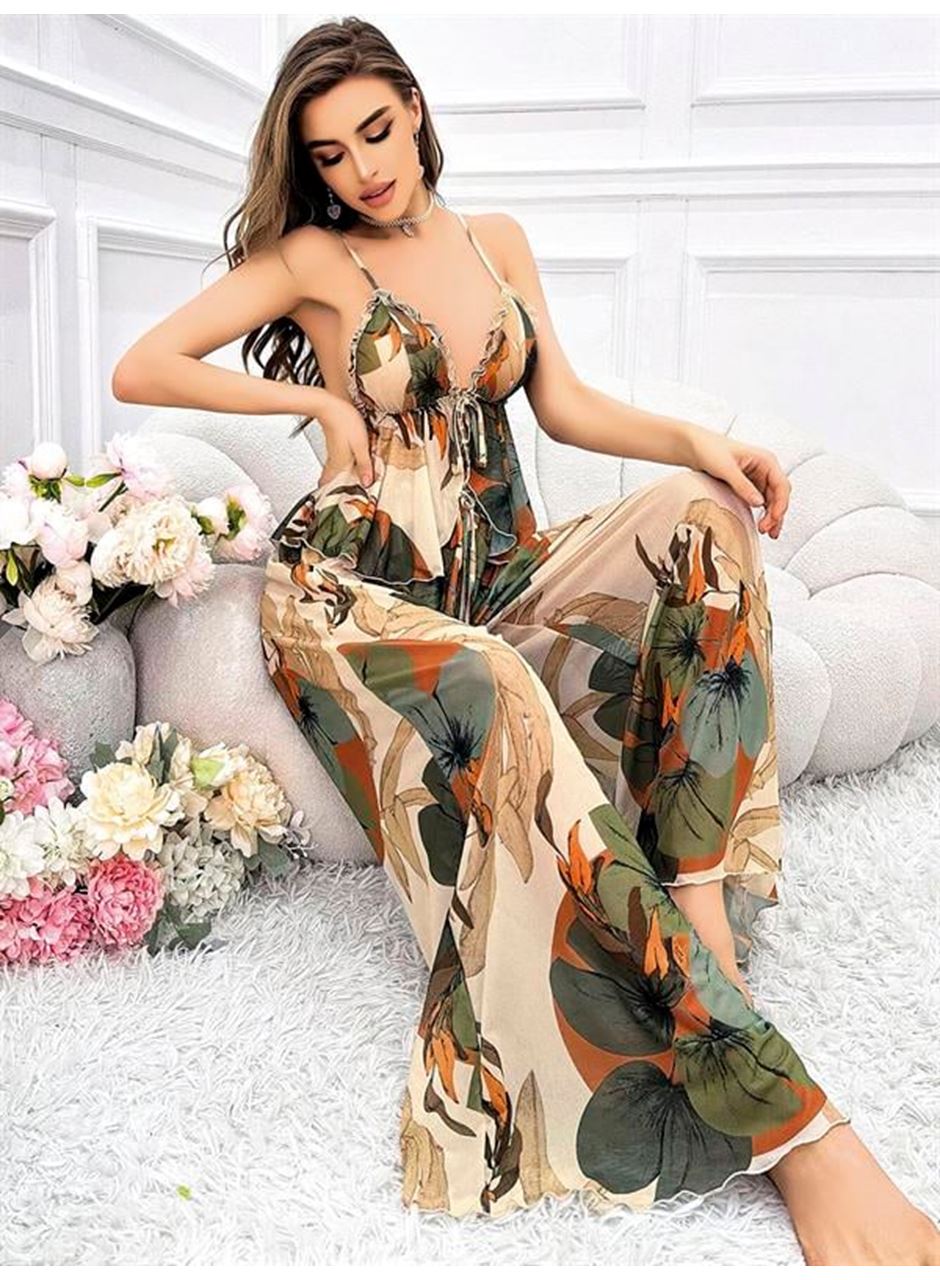 Özel Tasarım Çiçek Desenli Salaş Şık Dekolteli 2'li Takım