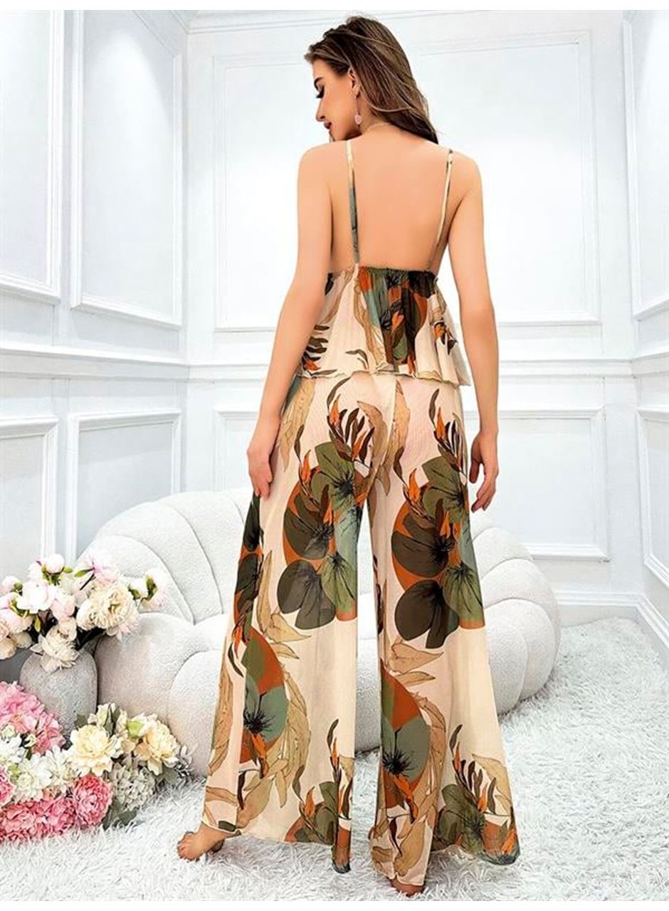 Özel Tasarım Çiçek Desenli Salaş Şık Dekolteli 2'li Takım