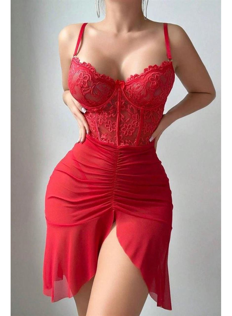Özel Tasarım Kırmızı Dantel İşlemeli Korse Görünümlü Önden Büzgülü Fantezi Tül Gecelik