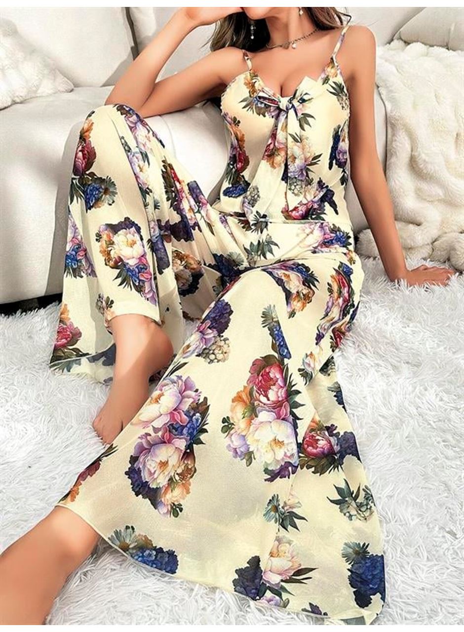 Özel Tasarım Çiçek Desenli Salaş Kesim Şık Dekolteli 2'li Takım