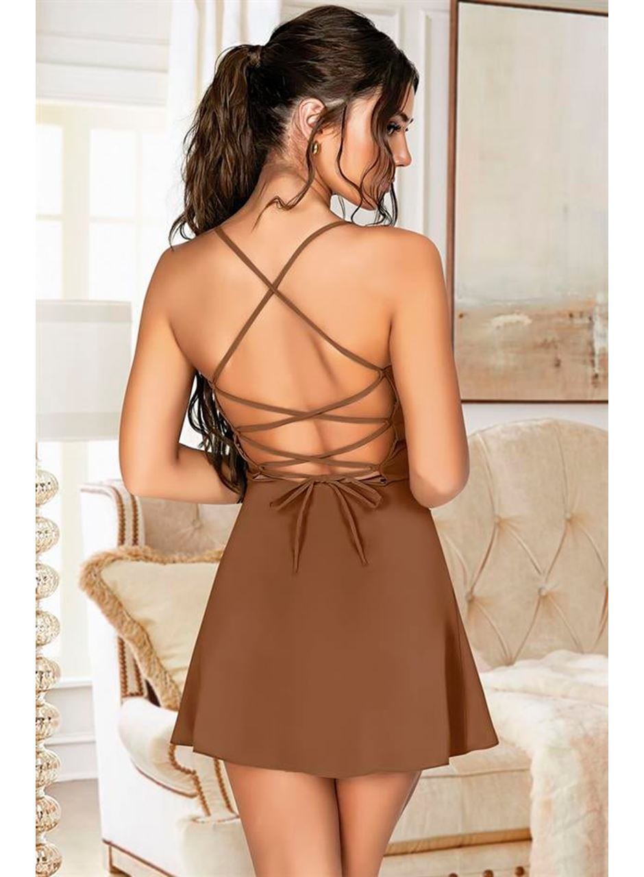 Özel Tasarım İnce Askılı Sırt Dekolteli Kahverengi Mini Saten Gecelik