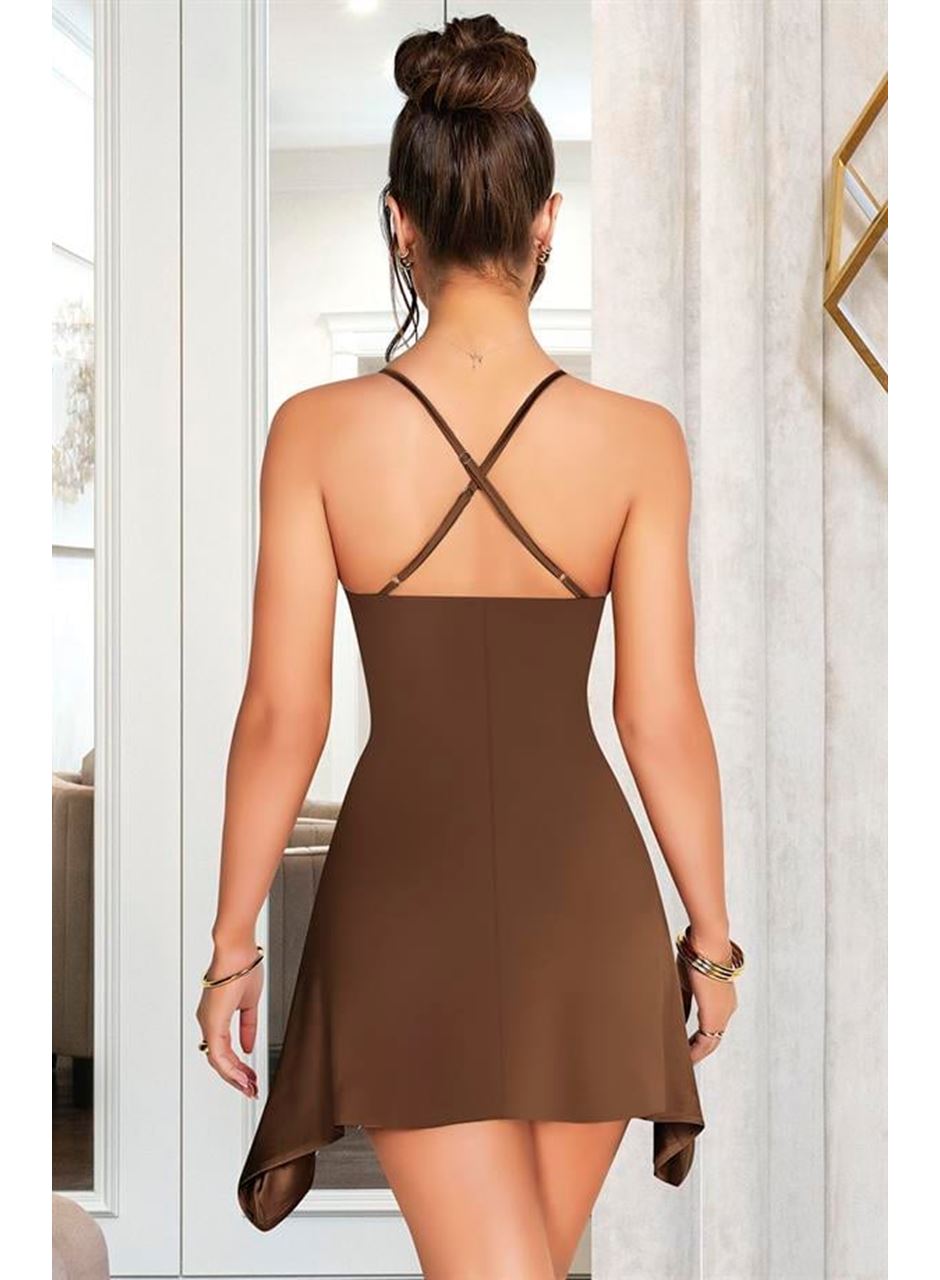 Özel Tasarım İnce Askılı Göğüs Dekolteli Kahverengi Mini Saten Gecelik