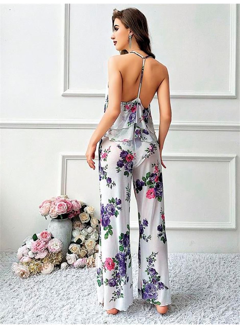 Özel Tasarım Çiçek Desenli Salaş Kesim Şık Sırt Dekolteli 2'li Takım