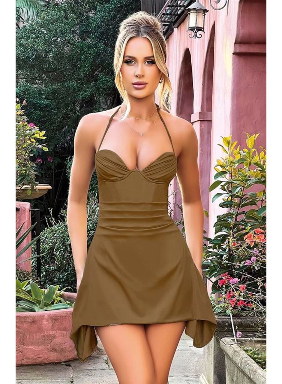 Özel Tasarım İnce Askılı Boyundan Bağlamalı Koyu Yeşil Mini Saten Gecelik