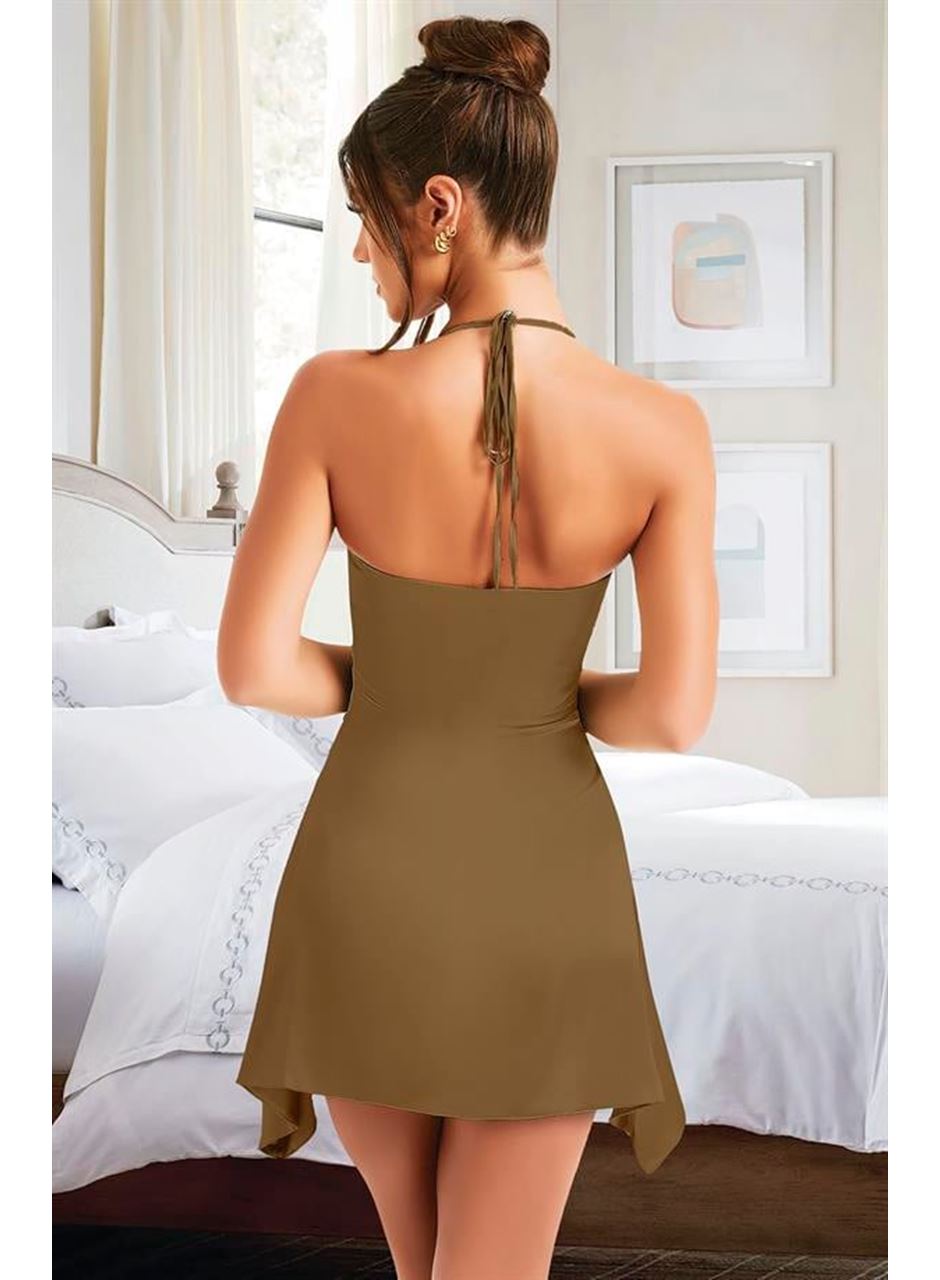 Özel Tasarım İnce Askılı Boyundan Bağlamalı Koyu Yeşil Mini Saten Gecelik