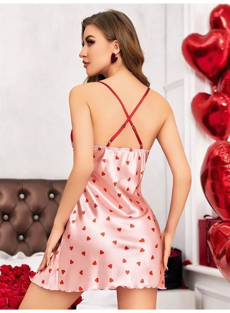 Özel Tasarım Kalp Desenli İnce Askılı Dantel İşlemeli Yırtmaçlı Mini Saten Gecelik