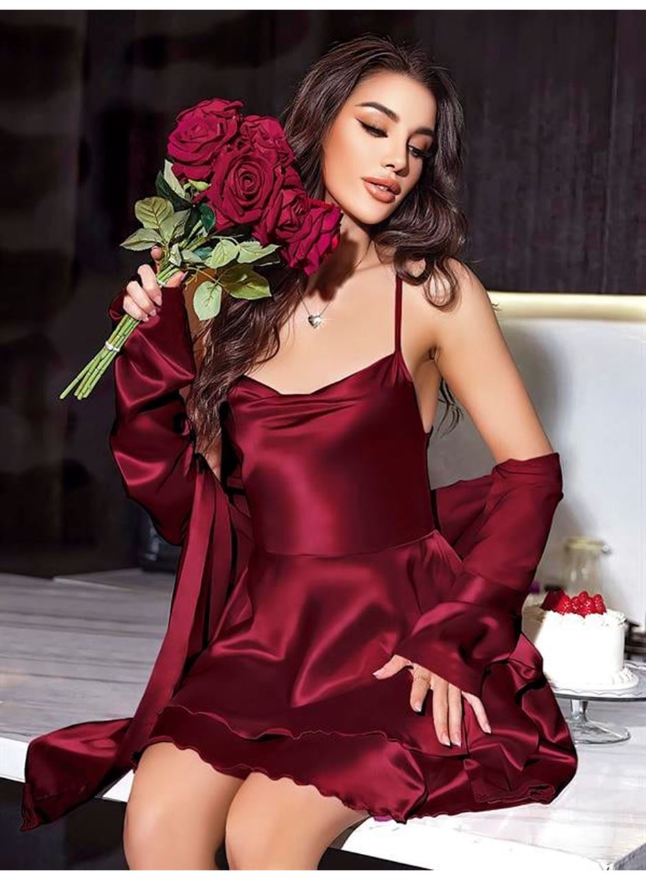 Özel Tasarım Sırt Dekolteli Sabahlıklı Saten Bordo 2'li Gecelik Takımı