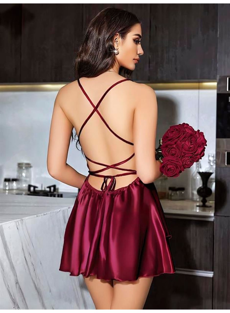 Özel Tasarım Sırt Dekolteli Sabahlıklı Saten Bordo 2'li Gecelik Takımı