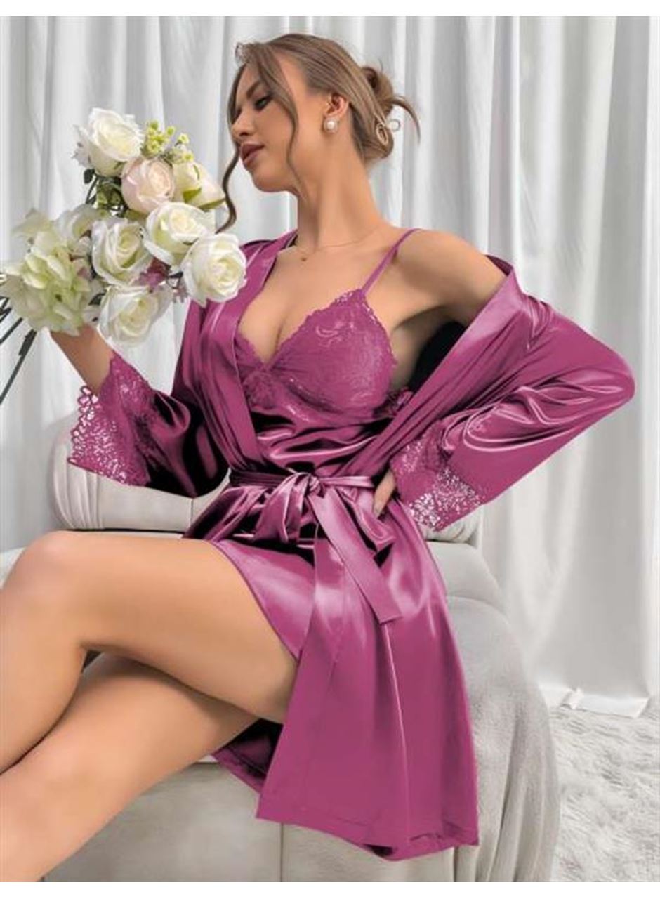Dantel İşlemeli İnce Askılı Lila 2'li Saten Gecelik Sabahlık Takımı