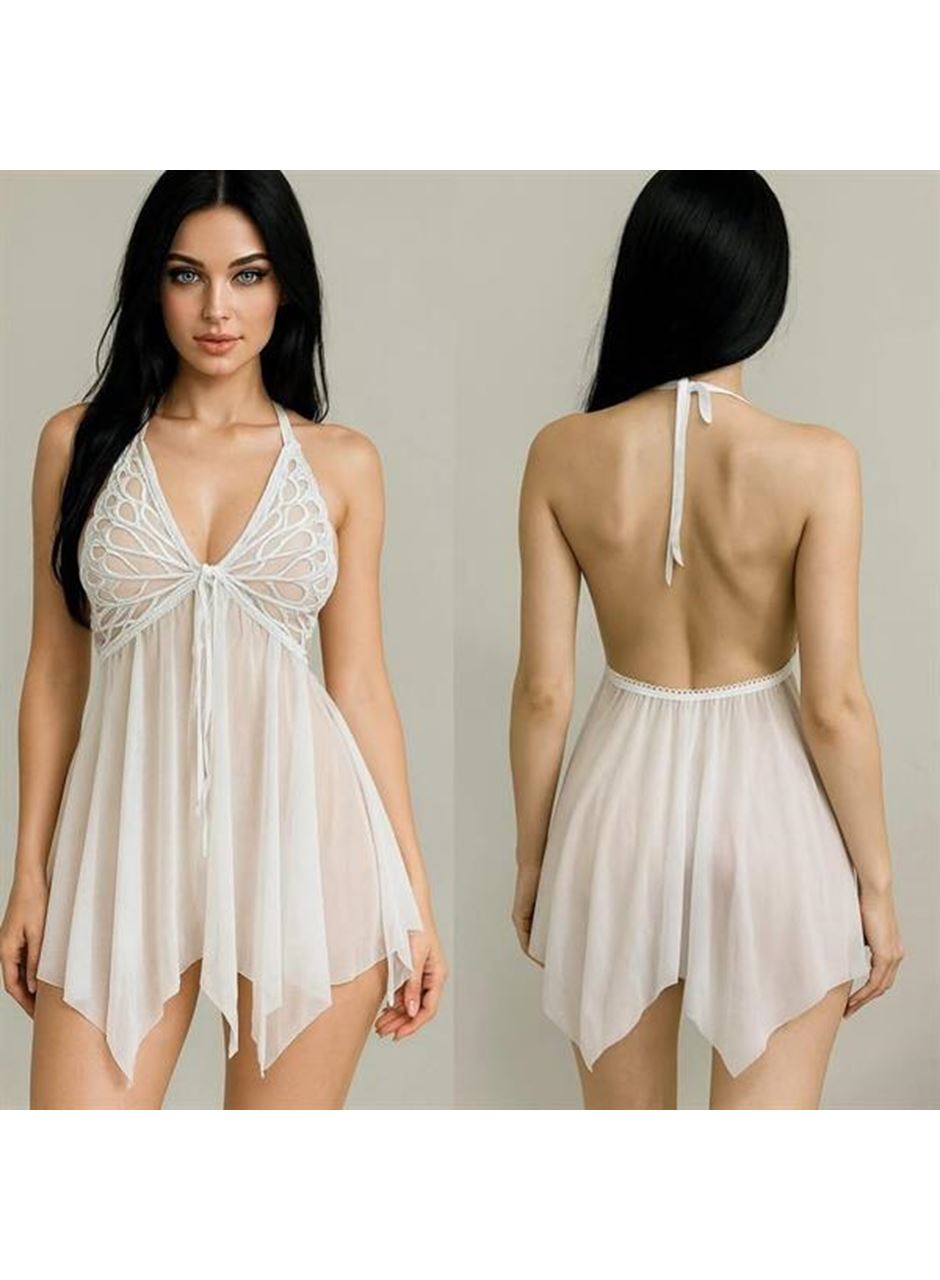 Kelebek Görünümlü Fantezi Tül Beyaz Gecelik