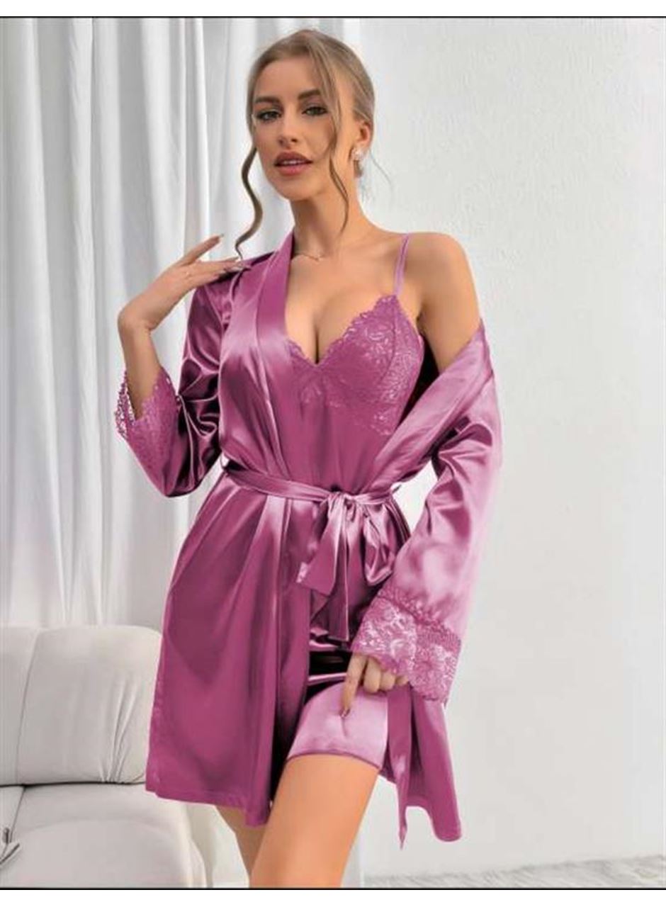 Dantel İşlemeli İnce Askılı Lila 2'li Saten Gecelik Sabahlık Takımı