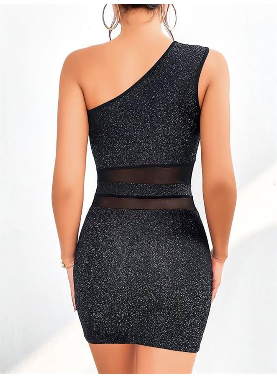 Özel Tasarım Siyah Tek Omuz Dekolteli Işıltılı Fantezi Mini Club Elbisesi