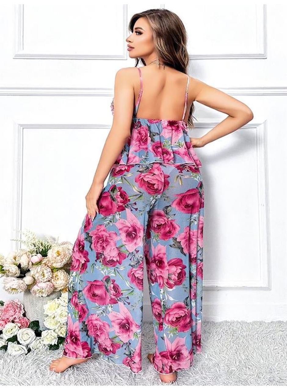 Özel Tasarım Büyük Beden Kırmızı Çiçek Desenli Bol Kesim 2'li Pijama Takımı