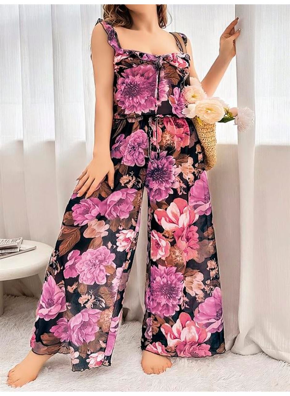 Özel Tasarım Büyük Beden Çiçek Desenli Bol Kesim 2'li Pijama Takımı