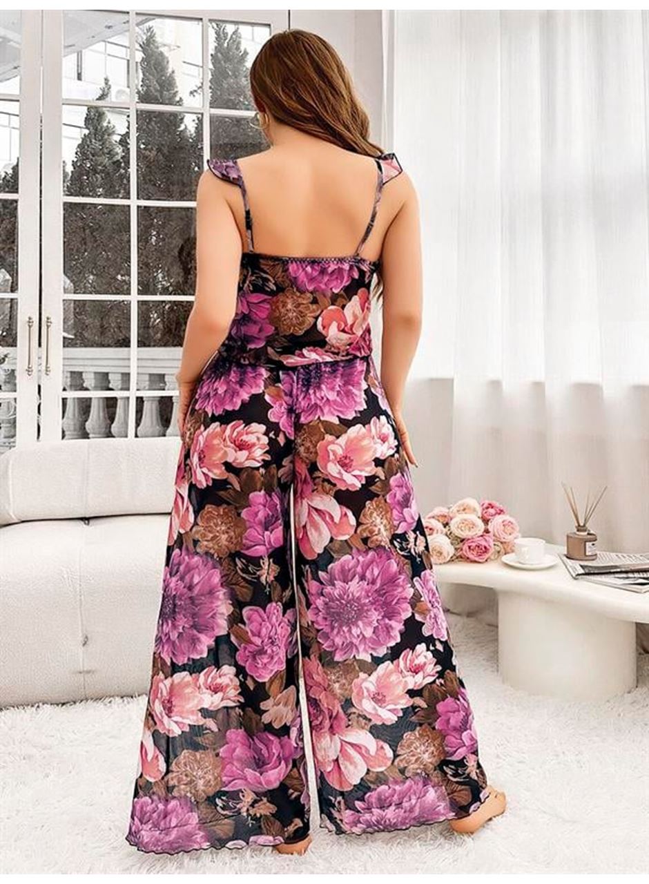 Özel Tasarım Büyük Beden Çiçek Desenli Bol Kesim 2'li Pijama Takımı