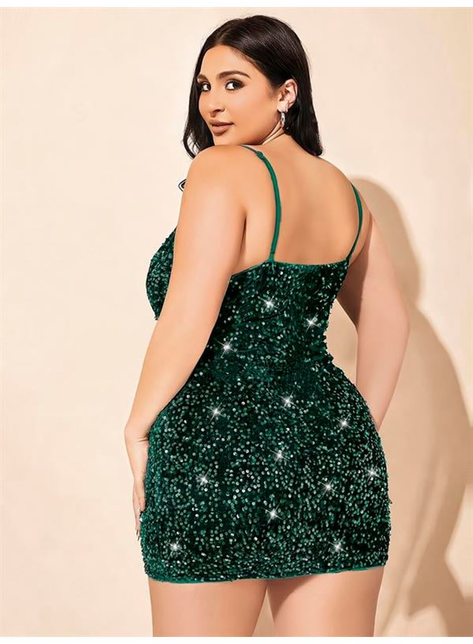 Özel Tasarım Büyük Beden Yeşil Payetli Parlak Işıltılı Mini Club Elbisesi