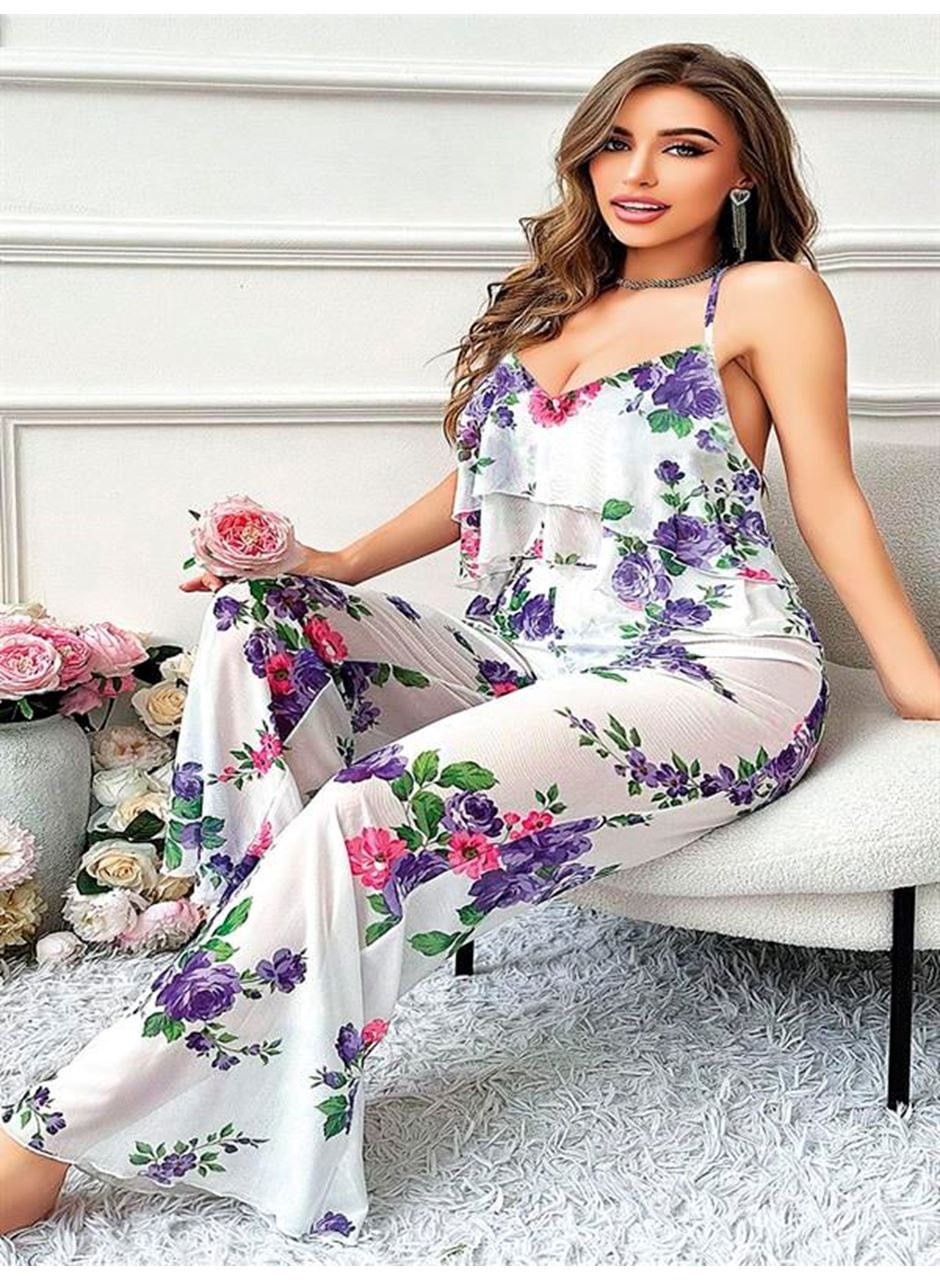 Özel Tasarım Büyük Beden Çiçek Desenli Fırfırlı 2'li Pijama Takımı