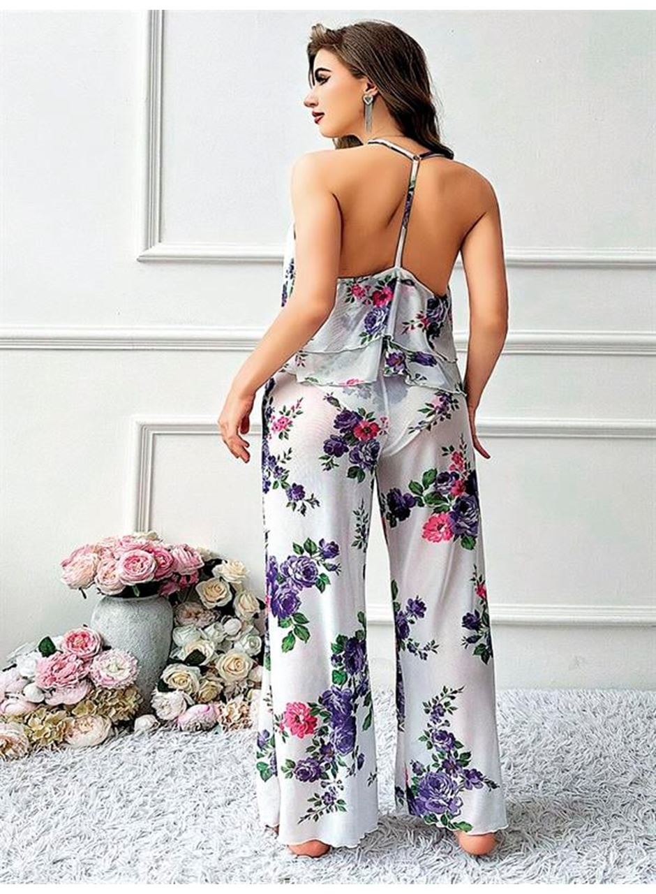 Özel Tasarım Büyük Beden Çiçek Desenli Fırfırlı 2'li Pijama Takımı
