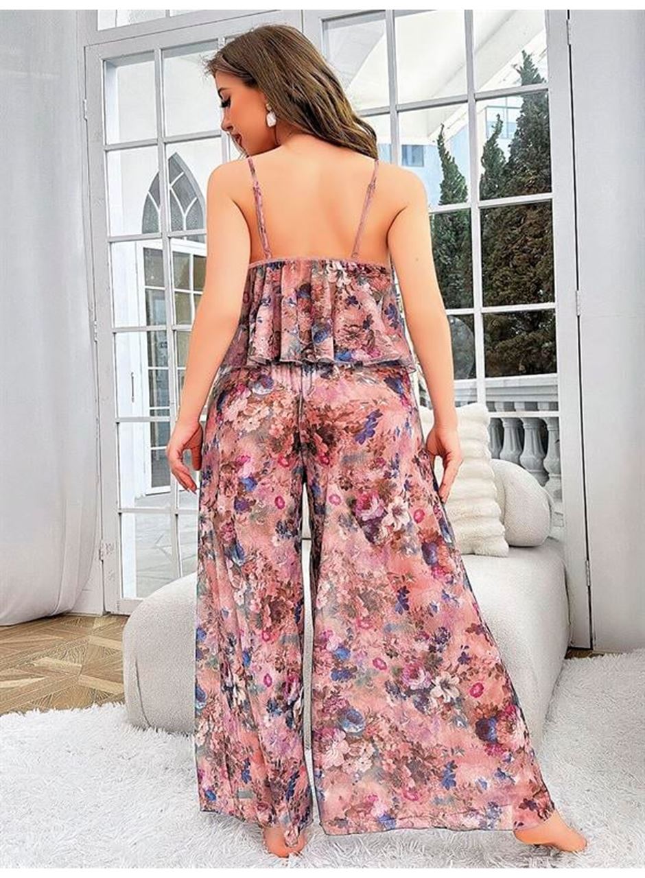 Özel Tasarım Büyük Beden Çiçek Desenli Bol Kesim 2'li Pijama Takımı