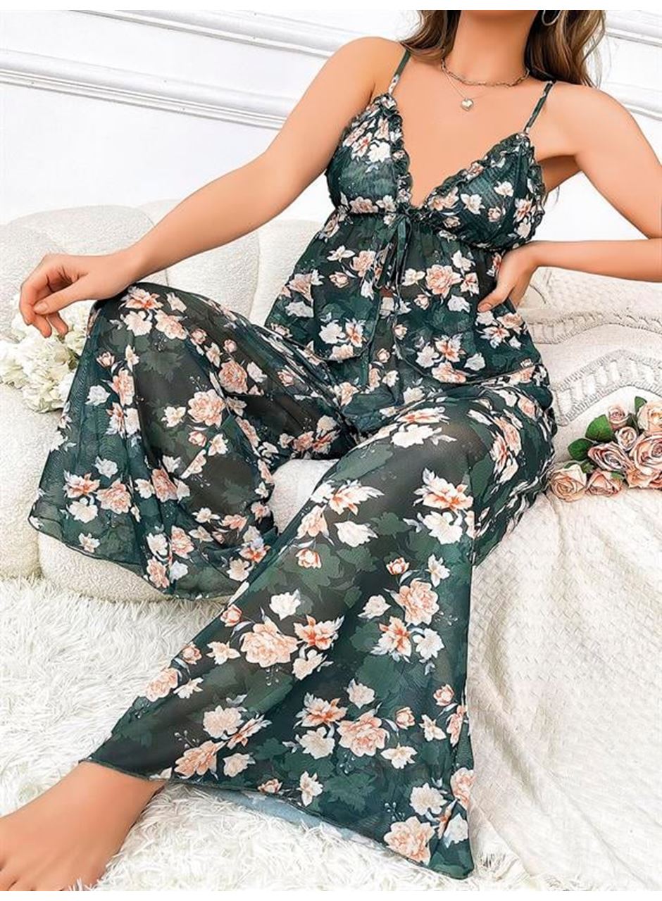 Özel Tasarım Büyük Beden Çiçek Desenli Bol Kesim 2'li Pijama Takımı