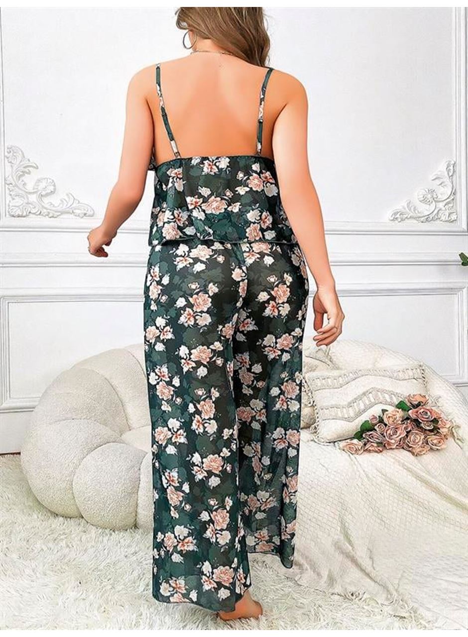 Özel Tasarım Büyük Beden Çiçek Desenli Bol Kesim 2'li Pijama Takımı