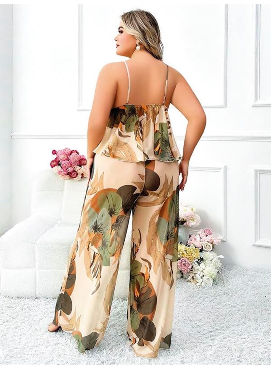 Özel Tasarım Büyük Beden Çiçek Desenli İnce Askılı 2'li Pijama Takımı