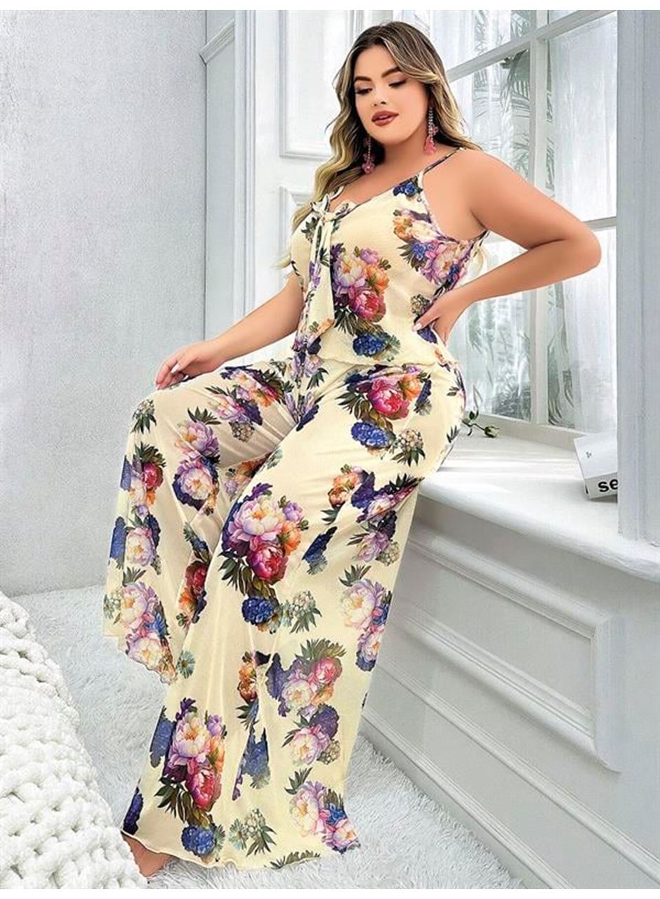 Özel Tasarım Büyük Beden Çiçek Desenli İnce Askılı 2'li Pijama Takımı