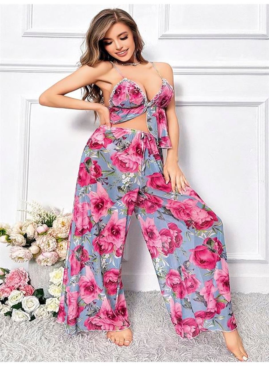 Özel Tasarım Büyük Beden Kırmızı Çiçek Desenli Bol Kesim 2'li Pijama Takımı