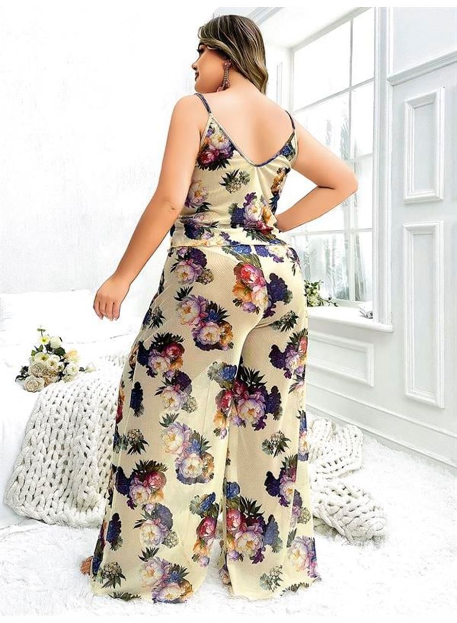 Özel Tasarım Büyük Beden Çiçek Desenli İnce Askılı 2'li Pijama Takımı