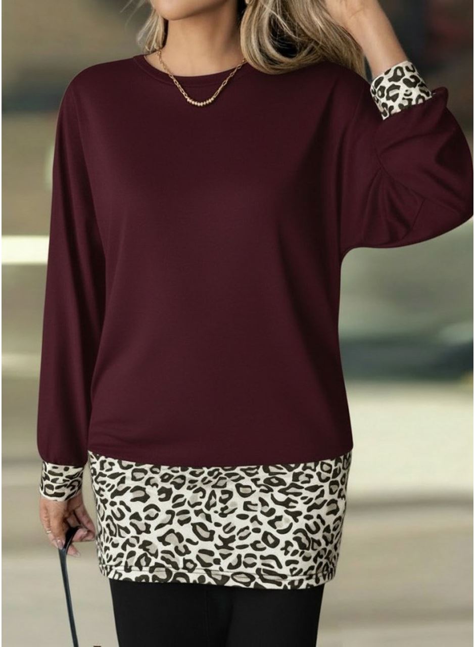 Kadın Uzun Kollu Bisiklet Yaka üst Viskon Iki Iplik Alt Leopar Desenli Mini Elbise