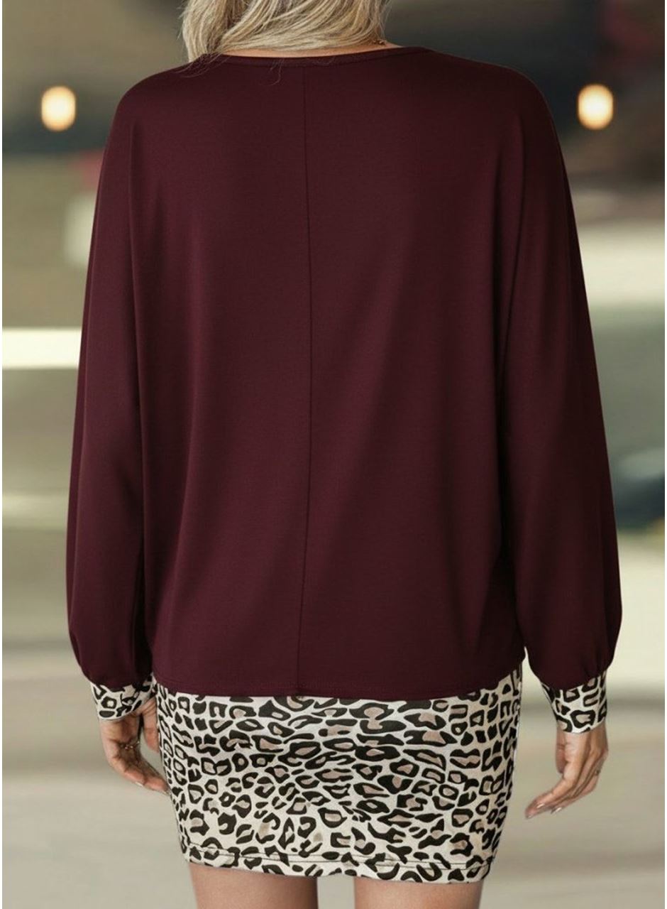 Kadın Uzun Kollu Bisiklet Yaka üst Viskon Iki Iplik Alt Leopar Desenli Mini Elbise
