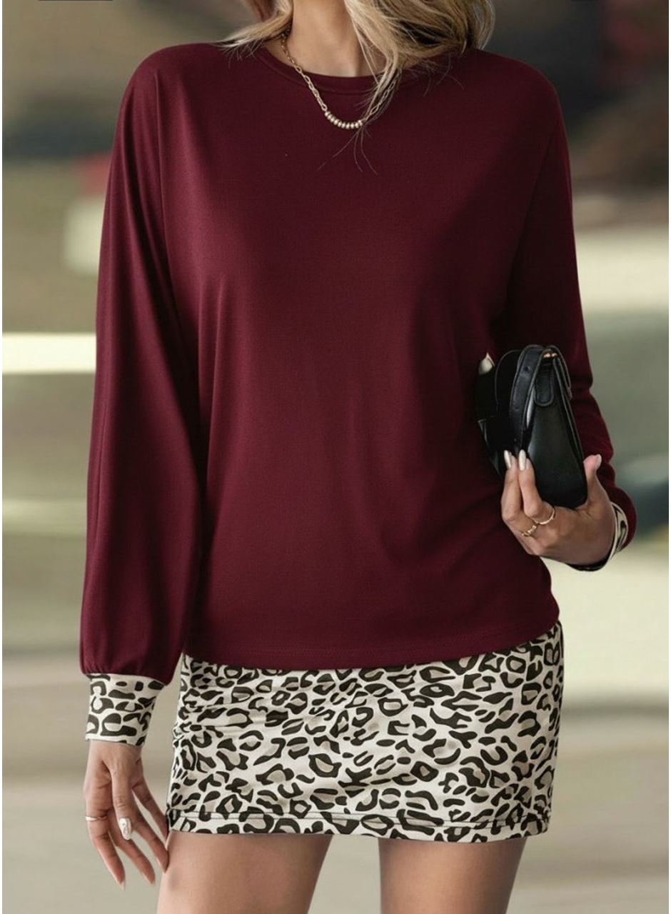 Kadın Uzun Kollu Bisiklet Yaka üst Viskon Iki Iplik Alt Leopar Desenli Mini Elbise