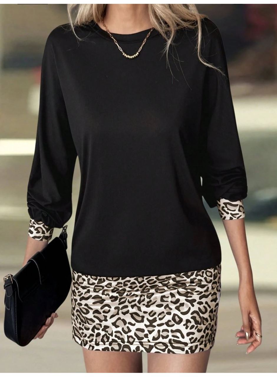 Kadın Uzun Kollu Bisiklet Yaka üst Viskon Iki Iplik Alt Leopar Desenli Mini Elbise
