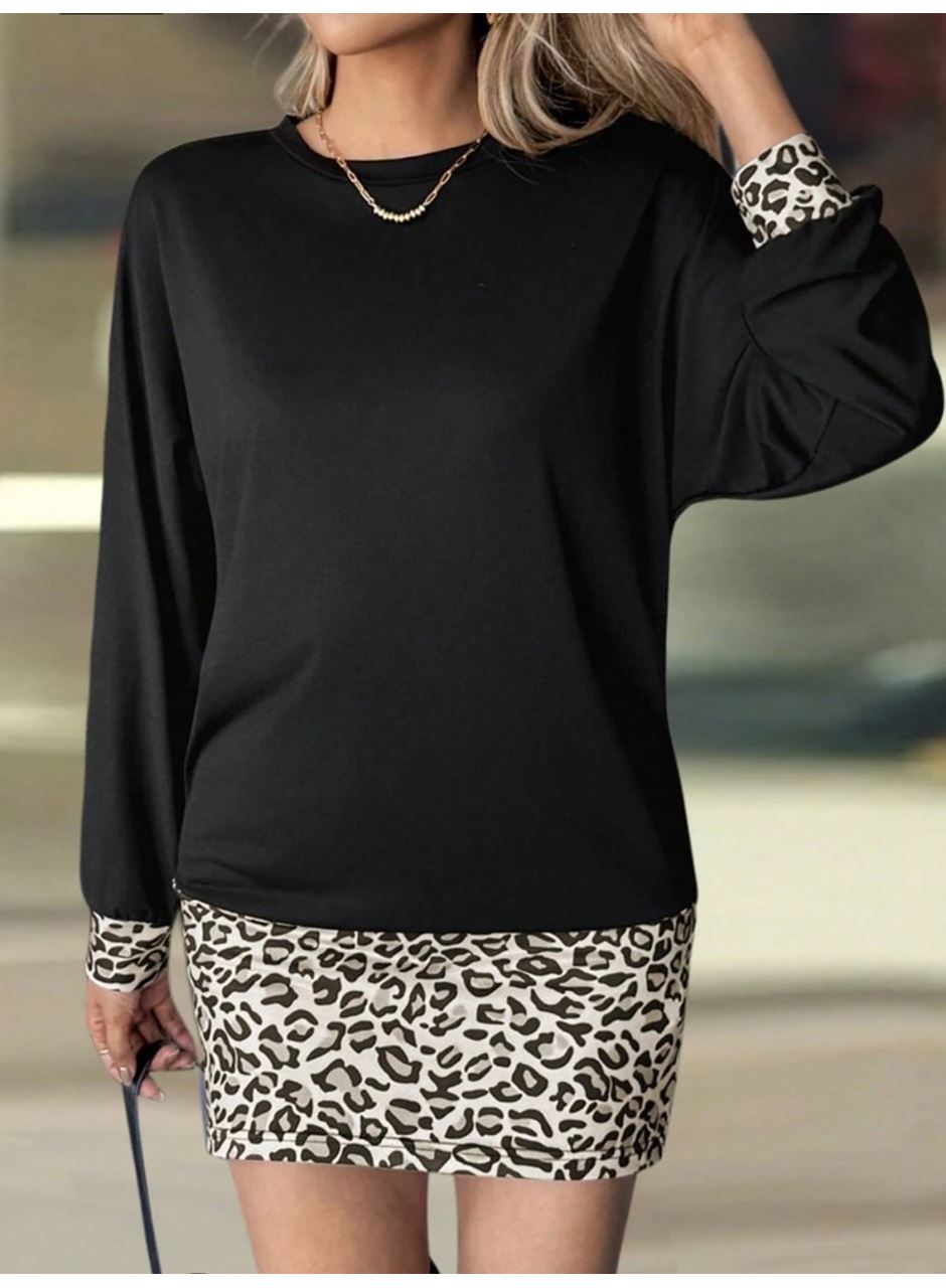 Kadın Uzun Kollu Bisiklet Yaka üst Viskon Iki Iplik Alt Leopar Desenli Mini Elbise