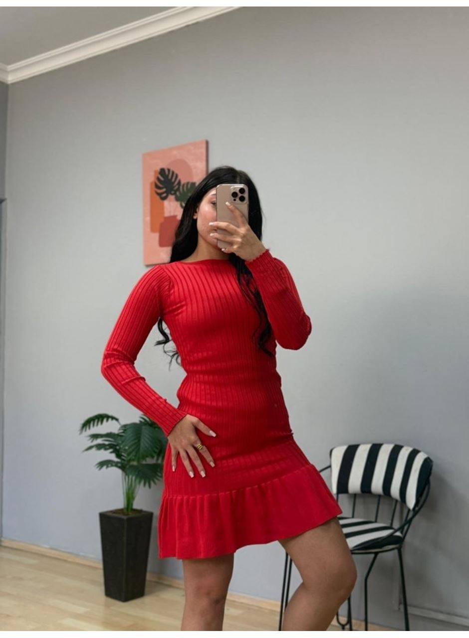 Kadın Bisiklet Yaka Uzun Kol Etek Ucu Fırfırlı Triko (polyenit) Mini Boy Elbise