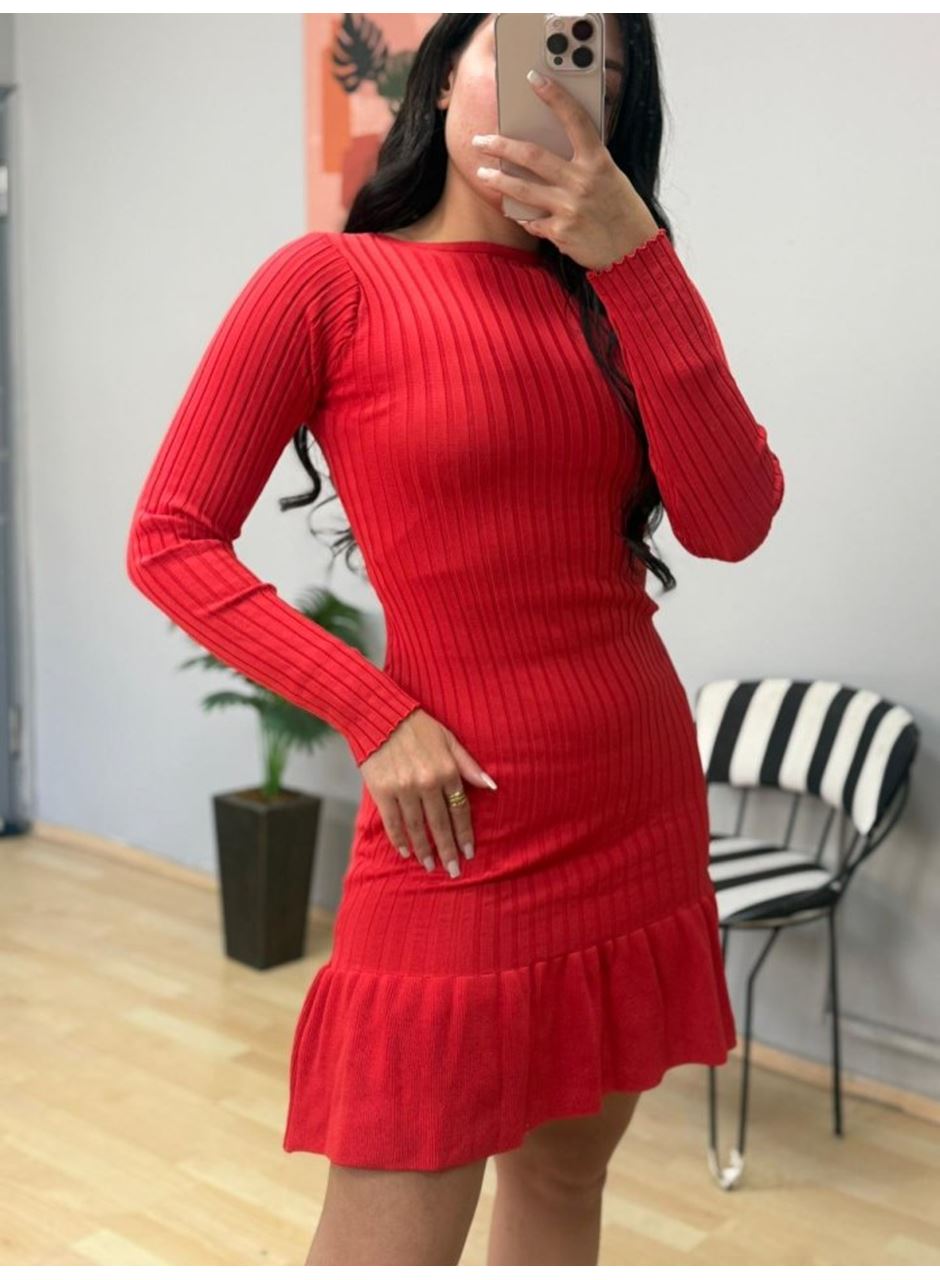 Kadın Bisiklet Yaka Uzun Kol Etek Ucu Fırfırlı Triko (polyenit) Mini Boy Elbise