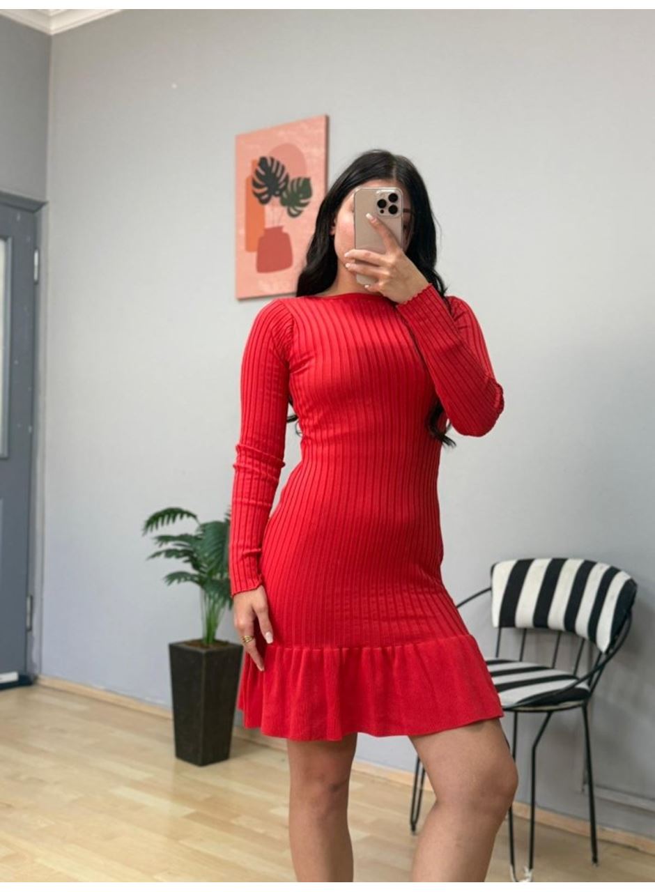 Kadın Bisiklet Yaka Uzun Kol Etek Ucu Fırfırlı Triko (polyenit) Mini Boy Elbise