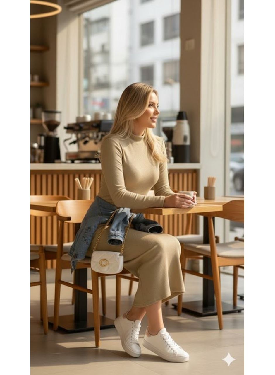 Kadın Uzun Kollu Balıkçı Yakalı Yanlardan Yırtmaçlı Kaşkorse Maxi Elbise