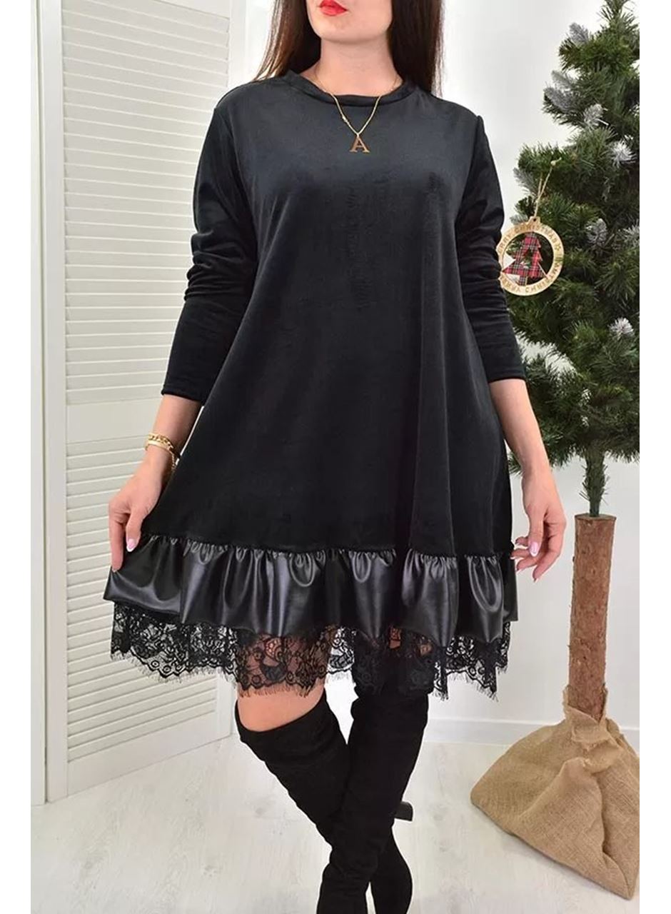 Kadın Uzun Kollu Bisiklet Yaka Etek Ucu Deri Ve Tül Detay Iki Iplik Mini Boy Elbise