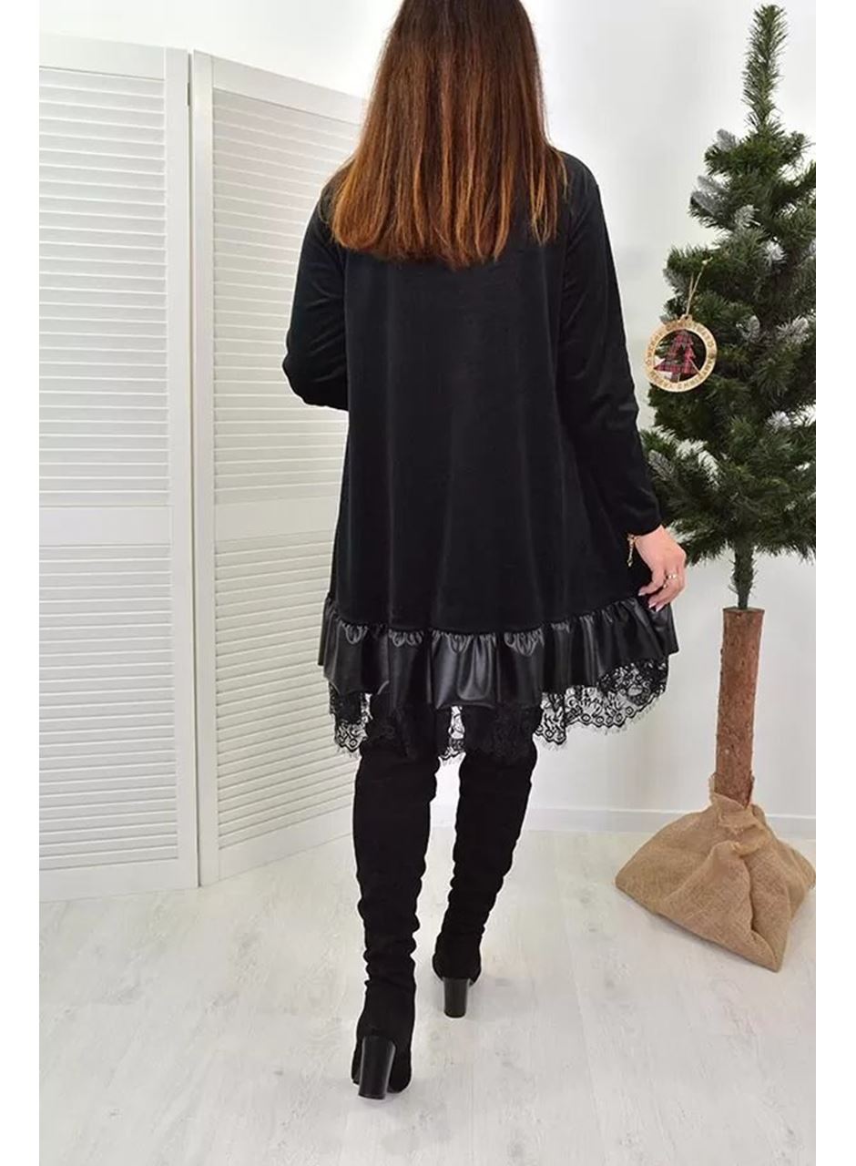 Kadın Uzun Kollu Bisiklet Yaka Etek Ucu Deri Ve Tül Detay Iki Iplik Mini Boy Elbise