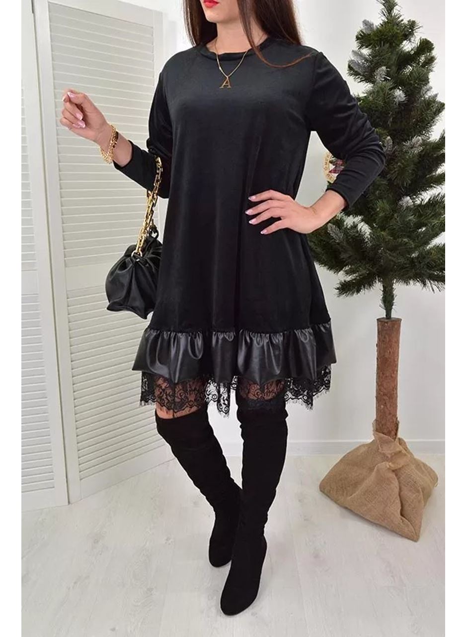 Kadın Uzun Kollu Bisiklet Yaka Etek Ucu Deri Ve Tül Detay Iki Iplik Mini Boy Elbise