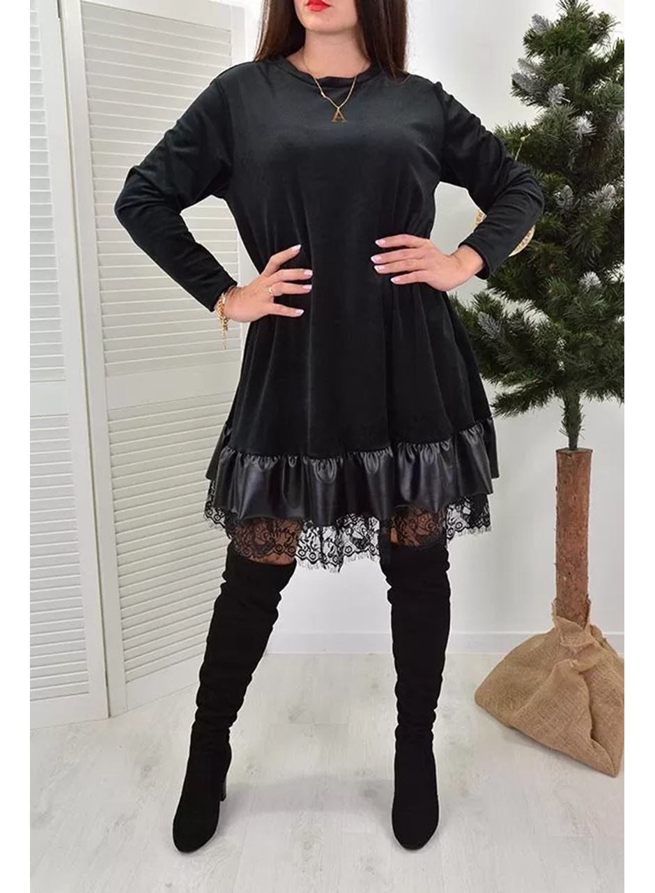 Kadın Uzun Kollu Bisiklet Yaka Etek Ucu Deri Ve Tül Detay Iki Iplik Mini Boy Elbise