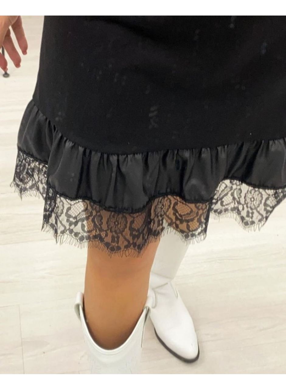 Kadın Uzun Kollu Bisiklet Yaka Etek Ucu Deri Ve Tül Detay Iki Iplik Mini Boy Elbise