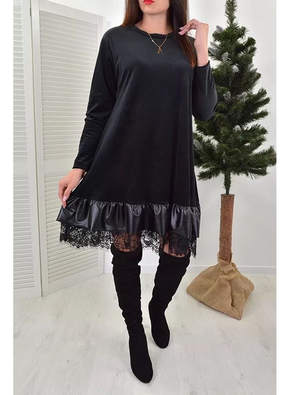 Kadın Uzun Kollu Bisiklet Yaka Etek Ucu Deri Ve Tül Detay Iki Iplik Mini Boy Elbise