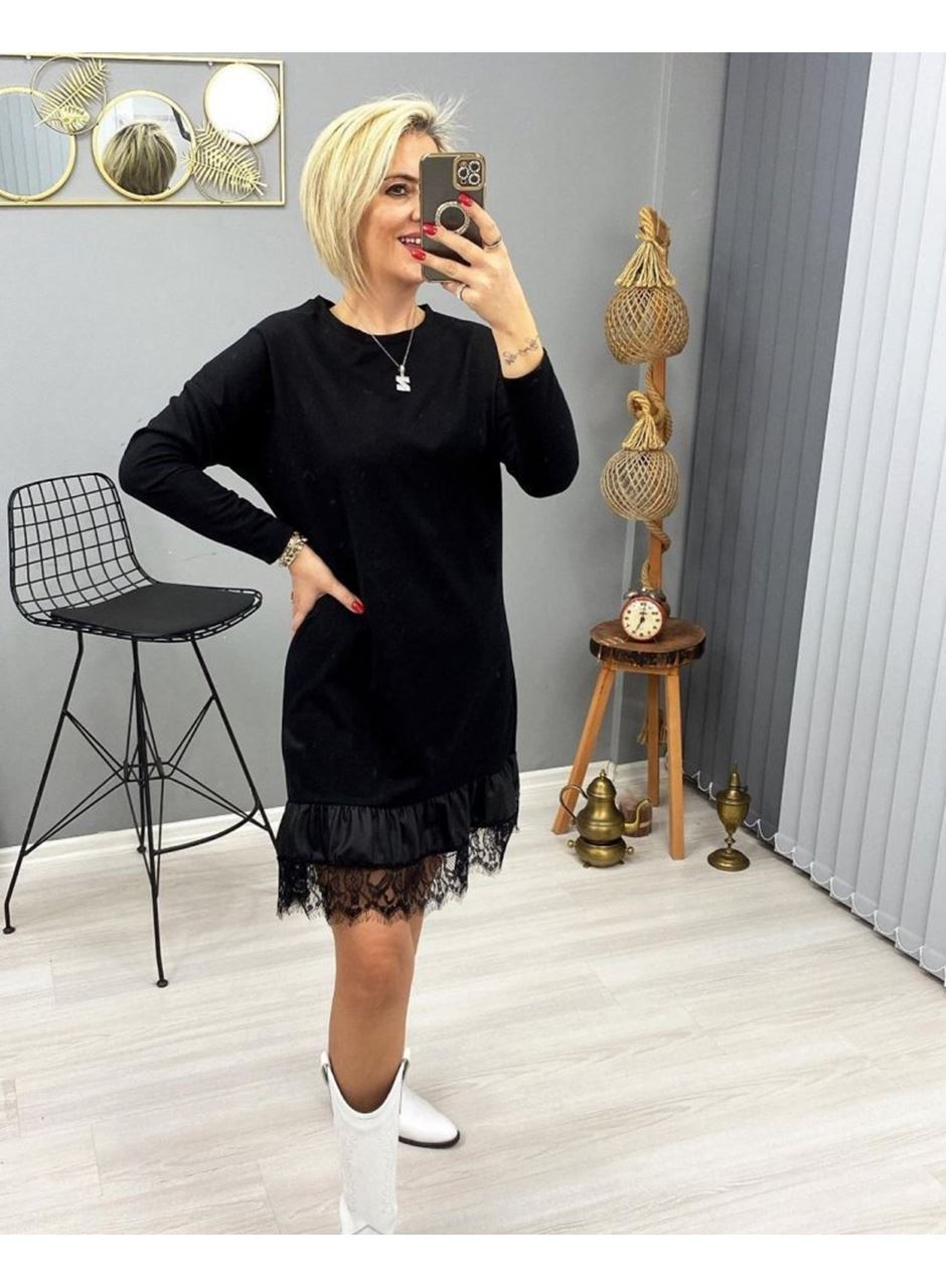 Kadın Uzun Kollu Bisiklet Yaka Etek Ucu Deri Ve Tül Detay Iki Iplik Mini Boy Elbise